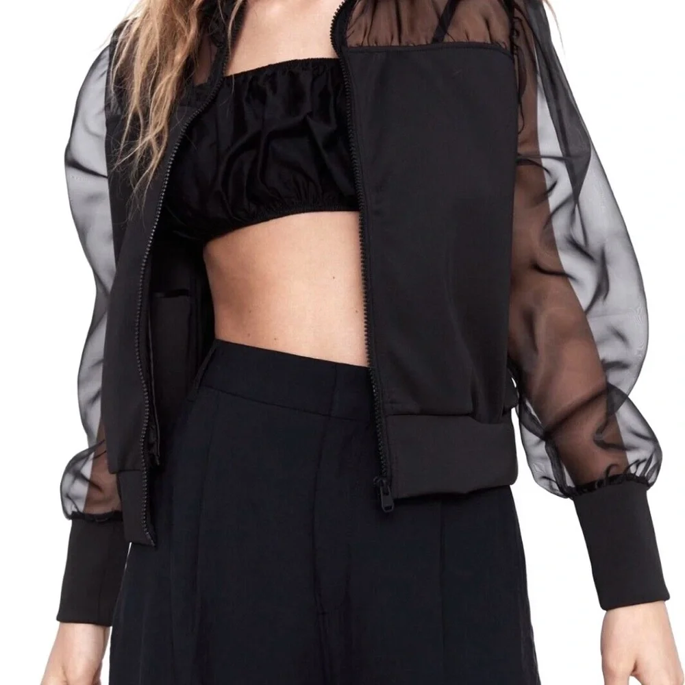 Zara Sheer Sleeve Tulle & Neoprene Bomber Jacket Black Rare Lightweight Sz S - Picture 4 of 10